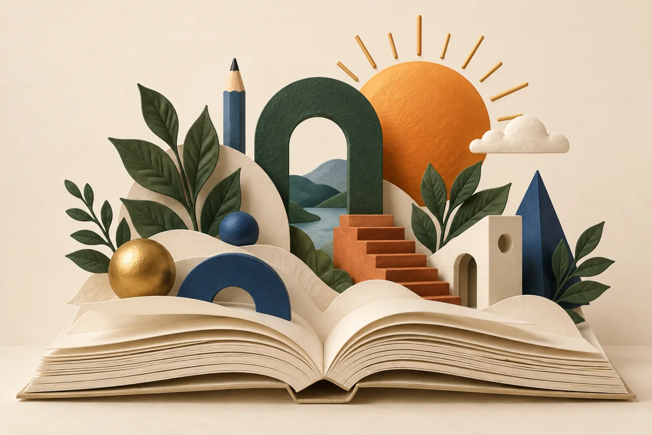 Отворена книга с въображаем свят от арки, стъпала и слънце — илюстрация на възможностите за учене.
